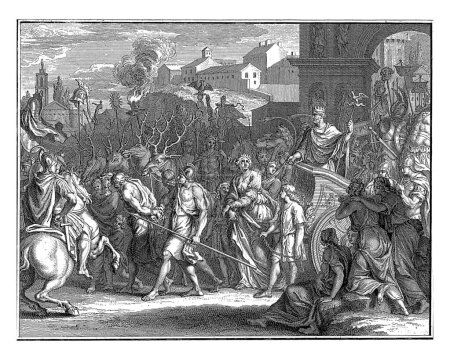 Téléchargez les photos : Procession triomphale de l'empereur Aurélien en 274, Bernard Picart (atelier de), d'après Bernard Picart, 1720 L'empereur Aurélien monte dans son char triomphal, tiré par les cerfs. - en image libre de droit