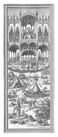 Foto de Bendito en el cielo, anónimo, después de Jheronimus Bosch, 1548 - 1570 Dios está entronizado sobre una nube. Está rodeado de ángeles. Debajo, los ángeles descansan y juegan juntos con los benditos en el cielo. - Imagen libre de derechos