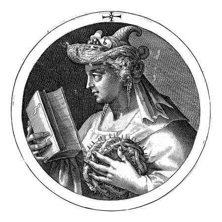 Téléchargez les photos : Sibylle de Samos, Crispijn van de Passe (I), 1601 Buste de Sibylle de Samos. Dans sa main gauche elle tient une couronne d'épines et dans sa main droite un livre ouvert. - en image libre de droit