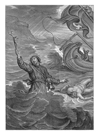 Foto de Ahogando la muerte de Cornelis Sylvius, Gaspar Bouttats, 1650 - 1695 La impresión muestra la muerte heroica del jesuita Cornelis Sylvius. En medio de un mar tempestuoso, el sacerdote sostiene un crucifijo. - Imagen libre de derechos
