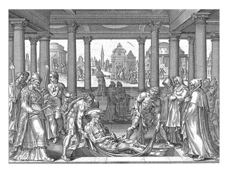 Foto de Entierro de Stefanus, anónimo, después de Philips Galle, después de Maarten van Heemskerck, 1646 Stefanus está enterrado en una mortaja. - Imagen libre de derechos