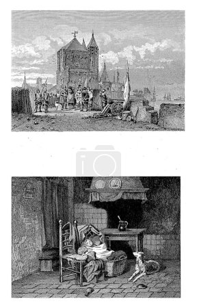 Photo for Interior and soldiers at a city, Christiaan Lodewijk van Kesteren, 1842 - 1897 Sheet with two images. Below: an interior with a child in a crib and a dog. - Royalty Free Image
