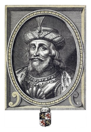 Téléchargez les photos : Portrait de Jean III, duc de Brabant et de Lorraine. Dans la marge sont les armoiries et une légende à six lignes avec des informations biographiques en français. - en image libre de droit