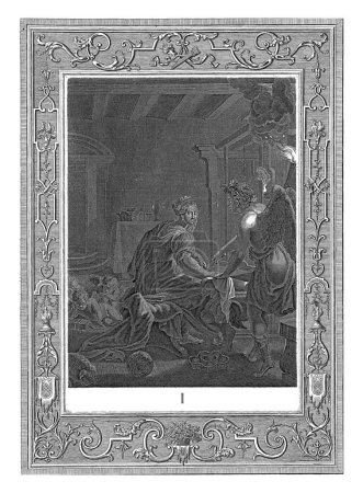 Foto de Penélope Tejiendo la Sábana Santa para Laertes, Bernard Picart (taller de), 1733 Penélope, la esposa de Odiseo, se sienta en su telar. - Imagen libre de derechos