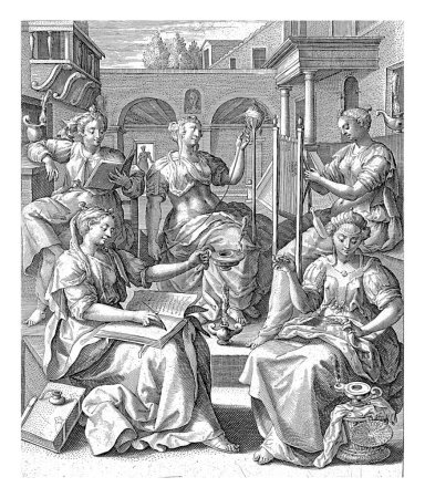 Die fünf weisen Jungfrauen, Crispijn van de Passe, nach Maerten de Vos, 1589 - 1611 Hof mit den fünf weisen Jungfrauen, die verschiedenen Tätigkeiten nachgehen (Nähen, Spinnen, Weben, Lesen und Schreiben)).