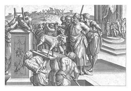 Téléchargez les photos : Jéroboam fit ériger deux veaux de taureau d'or, Hans Collaert (I), d'après Ambrosius Francken (I), 1585 Sous la direction de Jéroboam, une statue d'or d'un veau de taureau est élevée sur un piédestal. - en image libre de droit