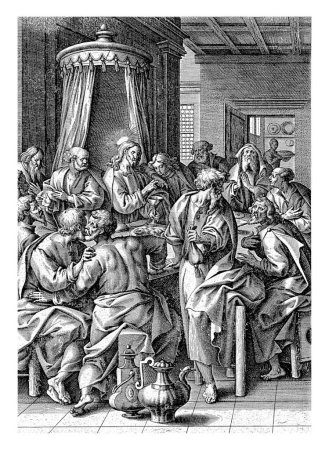 Téléchargez les photos : Dernière Cène, Antonie Wierix (II), d'après Maerten de Vos, 1583 - 1587 Le Christ et ses disciples autour d'une table. Christ est assis au milieu et Jean se penche contre lui. - en image libre de droit