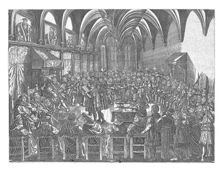 Foto de Dieta de Augsburgo, 1530, Hendrick Lodewyck, 1634 Dieta de Augsburgo, 25 de junio 1530. Vista de la sala con todos los presentes, a la izquierda Carlos V en su trono. - Imagen libre de derechos