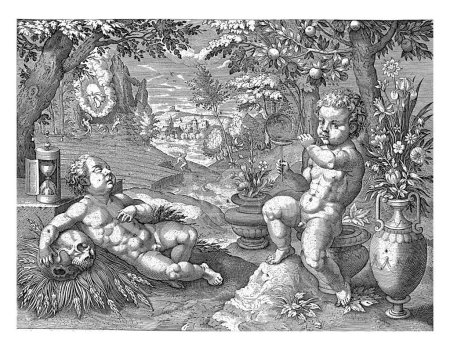 Photo for Allegory of Transience, Raphael Sadeler (I), after Maerten de Vos, 1570 - 1672 Two putti in a landscape. The putto on the right sits between some flower vases and blows soap bubbles with a pipe. - Royalty Free Image