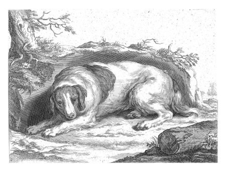 Foto de Spaniel, Frederick Bloemaert, después de Abraham Bloemaert, 1740 Un perro descansa frente a una roca al pie de un árbol. - Imagen libre de derechos