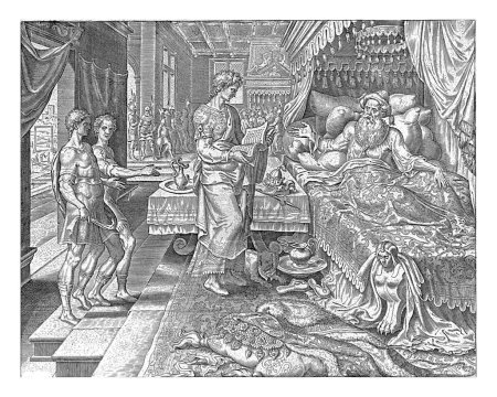 Foto de Asuero tiene las crónicas leídas a él, Philips Galle, después de Maarten van Heemskerck, 1564 Asuero se encuentra en la cama y debido a que no puede conciliar el sueño, tiene las crónicas leídas a él. - Imagen libre de derechos