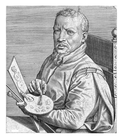 Foto de Retrato del pintor Frans Floris (I), Johannes Wierix, 1600 - 1650 Tiene una paleta de pintor y un dibujo en la mano. Por encima de la persona retrató una línea con información biográfica en latín. - Imagen libre de derechos