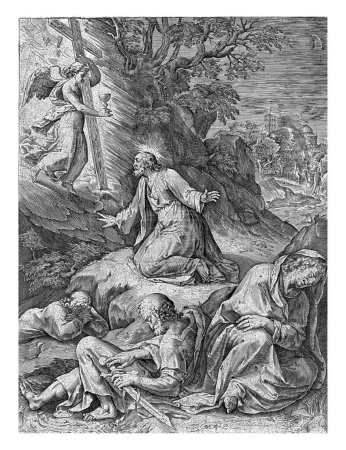 Foto de Cristo en el Monte de los Olivos, Cornelis Cort, después de Federico Zuccaro, después de 1569 c. 1619 Cristo ora por la noche en el Monte de los Olivos. Un ángel aparece ante él con una cruz y un cáliz. - Imagen libre de derechos