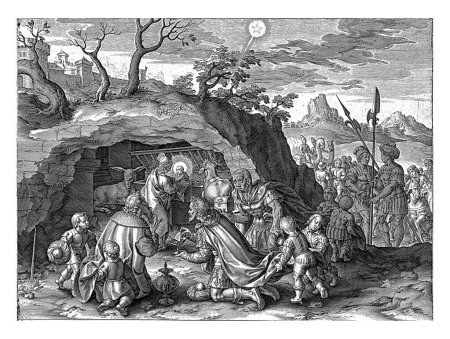 Photo for Adoration of the Magi, Antonie Wierix (II), 1565 - before 1604 The Christ Child, placed in the manger in the grotto by Mary, is adored by the three Wise Men from the East who kneel before the Child. - Royalty Free Image