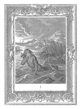 Téléchargez les photos : Glaucus se transforme en centaure de mer, Bernard Picart (atelier de), d'après Bernard Picart, 1731 Le pêcheur Glaucus se transforme en centaure de mer après avoir mangé des herbes magiques. - en image libre de droit