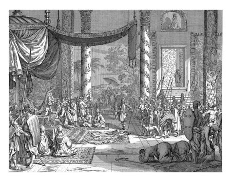 Photo for General Gerard Hulft before the Emperor of Ceylon, 1656, Gonsales Appelmans (attributed to), 1670 - 1672 In the hall of the palace, VOC director General Gerard Hulft kneels before the throne. - Royalty Free Image
