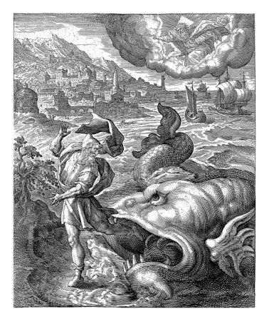 Foto de El pez escupe a Jonás en la tierra, Crispijn van de Passe (I), después de Maerten de Vos, 1574 - 1637 Después de sobrevivir tres días y noches en el vientre del pez, el pez escupe a Jonás en la tierra. - Imagen libre de derechos