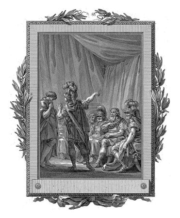 Photo for Telemachus confronts the renegade Acante, Jean-Baptiste Tilliard, after Charles Monnet, 1785 Telemachus, standing in a tent and seen from his back, holds a ring in his left hand. - Royalty Free Image
