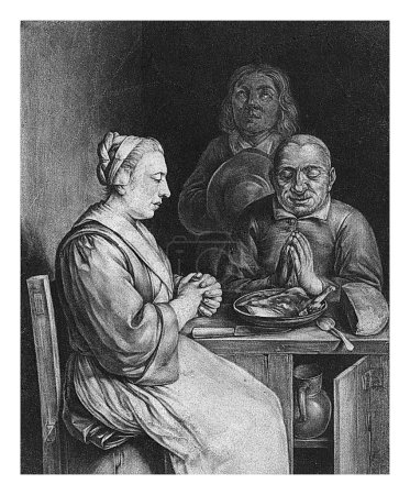 Téléchargez les photos : Prière avant le repas, Nicolaes van Haeften, 1673 - 1715 Deux hommes et une femme en prière avant le repas. Viande et pain sont sur la table. - en image libre de droit
