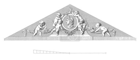Foto de Tympanum de la fachada del teatro de Amsterdam, Reinier Vinkeles (I), después de Jacob Eduard de Witte, Medallón de 1774 con la efigie de Apolo, rodeado de putti. - Imagen libre de derechos
