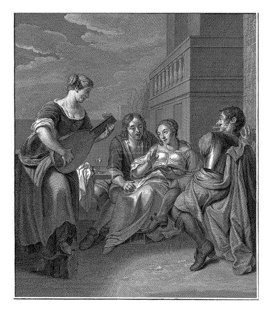 Photo for Small concert, Pieter Tanje, after Jacob Ochtervelt, 1760 - 1761 Four people make music on a terrace in the open air. The woman on the left plays the lute, the couple in the middle sings. - Royalty Free Image