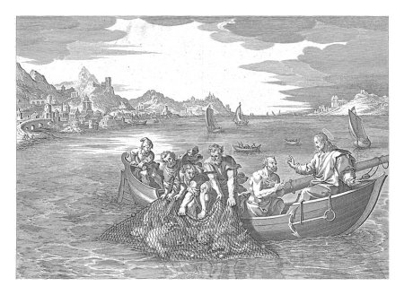 Wundersame Fischerei, anonym, nach Cornelis Galle (I), nach Maerten de Vos, 1630 - 1702 Christus und seine Apostel an Bord eines Fischerbootes. Christus befiehlt, die Netze aufzuheben.