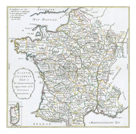 Photo for Map of France, Jan van Jagen, 1792 Map of France and Corsica with the individual departments framed in yellow, green, pink and blue ink. - Royalty Free Image