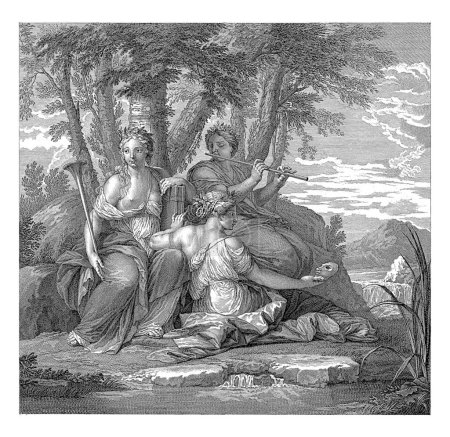 Téléchargez les photos : Muses Clio, Thalia et Euterpe dans un paysage, Claude Augustin Duflos, d'après Eustache Lesueur, 1731, gravé vintage. - en image libre de droit