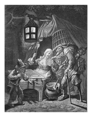 Foto de El sabor, Cornelis Dusart, 1670 - 1704 Una pastelera se sienta frente a su tienda y trata de golpear a un vagabundo que ha robado un panqueque en las manos. En primer plano un chico comiendo un panqueque. - Imagen libre de derechos