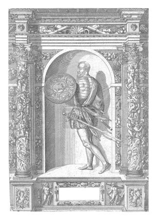 Téléchargez les photos : Portrait de Gian Giacomo de Medici, Dominicus Custos, d'après Giovanni Battista Fontana, vers 1582 - au plus tard en 1601 Portrait de Gian Giacomo de Medici en armure avec un grand bouclier et une épée. - en image libre de droit