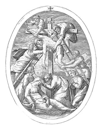 Téléchargez les photos : Descente de la Croix, Crispijn van de Passe (I), 1600 Le corps du Christ est tiré de la croix par Nicodème, Joseph et deux hommes inconnus. Marie, - en image libre de droit