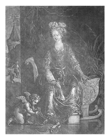 Téléchargez les photos : Winter, Jan Broedelet, d'après Gerard Hoet (I), 1670 - 1700 Représentation allégorique de l'hiver. Un putto aide une femme à nouer ses patins. Elle s'assoit sur un traîneau et réchauffe un de ses pieds sur un poêle. - en image libre de droit