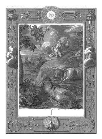 Foto de Mercurio mata a Argus, Bernard Picart (taller de), 1733 Mercurio ha cortado la cabeza de Argus con su espada. Io, disfrazado de vaca, huye del gigante de los cien ojos. - Imagen libre de derechos