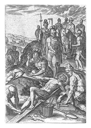 Téléchargez les photos : Crucifixion du Christ, Johannes Wierix, d'après Crispijn van den Broeck, 1583 Illustration de livre pour l'histoire de la crucifixion du Christ (Marc 15 : 24). - en image libre de droit