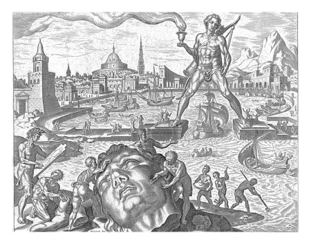 Téléchargez les photos : Colosse de Rhodes, Philips Galle, d'après Maarten van Heemskerck, 1581 - 1633 La statue en bronze d'Hélios, également connu sous le nom de Colosse de Rhodes, se dresse à cheval sur le port pendant que les navires naviguent - en image libre de droit