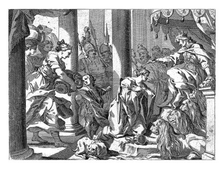 Foto de Ester antes de Asuero, Jacopo Cotta, después de Johann Christoph Storer, en o antes de 1689 Ester, acompañada por sus criadas, se arrodilla ante el rey Asuero (Jerjes). - Imagen libre de derechos