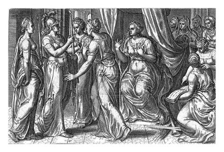 Foto de La Novia recibe Fe y Esperanza, Johannes Wierix (posiblemente), después de Gerard van Groeningen, 1574 Ciencia (Científica) acompaña a Fe (Agencia Fides) y Esperanza (Spes) al trono de la novia (Sponsa). - Imagen libre de derechos
