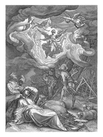Téléchargez les photos : Proclamation aux bergers, Crispijn van de Passe (I), d'après Abraham Bloemaert, 1574 - 1637 L'annonce de la naissance du Christ aux bergers par l'ange Gabriel. - en image libre de droit
