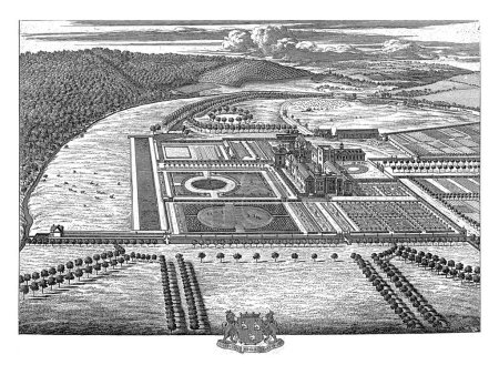 Photo for View of Hampton Court, Johannes Kip, after Leonard Knijff, 1709 Bird's eye view of 'Hampton Court' belonging to Lord Coningesby, baron of Clanbrazell. Various figures and cattle in farmlands - Royalty Free Image
