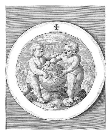 Dos putti con un globo, Crispijn van de Passe (I), Medallón de 1594 con dos putto sosteniendo un globo. Dios el Padre es representado en el mundo.