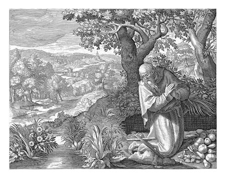 Téléchargez les photos : H. Franciscus, Jan van Londerseel, d'après Maerten de Vos, 1601 - 1652 Saint François, se retira comme ermite dans les bois. Il s'agenouille les mains croisées devant un crucifix. - en image libre de droit