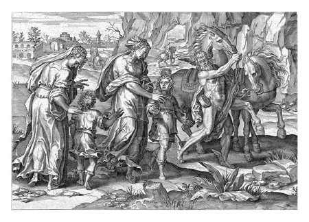 Téléchargez les photos : Jeunes, Pieter Jalhea Furnius, d'après Jan van der Straet, 1570 Deux femmes adultes marchent dehors avec deux garçons à leurs côtés. À côté d'eux, le Père Time marche avec deux chevaux sauvages - en image libre de droit