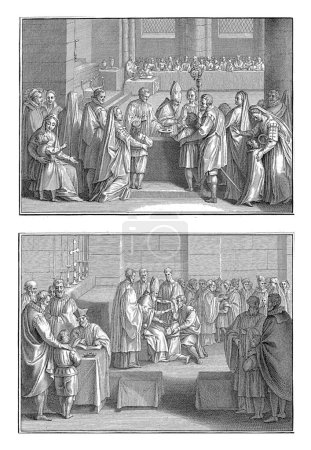 Photo for Holy Confirmation / Other Way for the Ceremony of Holy Confirmation, Bernard Picart (workshop of), 1723 Sheet with two representations of the Roman Catholic sacrament of Confirmation. - Royalty Free Image
