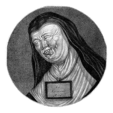 Foto de Monja con lengua sobresaliendo, Jacob Gole, después de Cornelis Dusart, 1693 - 1700 Una monja le ha sacado la lengua. Alrededor de su cuello lleva un cordón con un cartel en el que el texto La Reverenda Mere. - Imagen libre de derechos