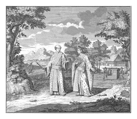 Foto de Paisaje con una pareja japonesa, Jan Caspar Philips, 1728 Paisaje con una pareja japonesa en una carretera rural. Al fondo un peregrino y dos hombres con un portabebés. - Imagen libre de derechos