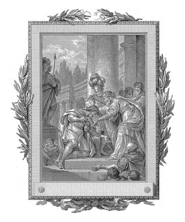Foto de Philokles es bien recibido por Idomeneus, Jean-Baptiste Tilliard, después de Charles Monnet, 1785 Philokles se arrodilla ante Idomeneus a la derecha en un pórtico. Varias figuras están alrededor de ellos. - Imagen libre de derechos