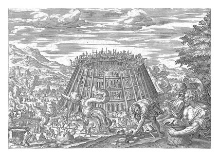 Foto de Construyendo la Torre de Babel, Hans Collaert, después de Jan Snellinck. La Torre de Babel está construida. En primer plano los hombres cortan piedras y las llevan en cestas. A la derecha un hombre, tal vez Nimrod. - Imagen libre de derechos
