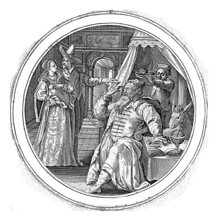 Foto de El hombre a la edad de setenta años, Crispijn van de Passe (I), 1574 - 1637 Un anciano con gafas se sienta al lado de una mesa en la que un globo terráqueo, un libro y utensilios de escritura. - Imagen libre de derechos