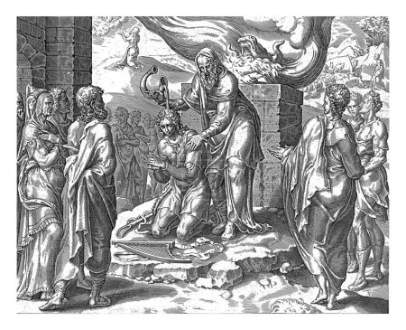 Téléchargez les photos : David est oint par Samuel, anonyme, d'après Maarten van Heemskerck, 1595-1633 David s'agenouille devant le prophète Samuel, qui l'oint comme roi avec de l'huile de corne. - en image libre de droit