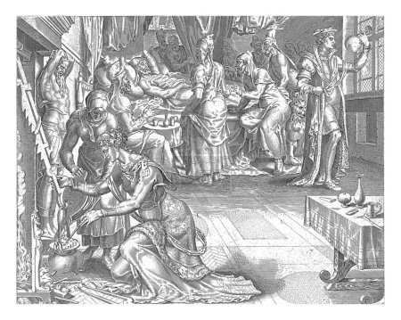 Foto de Tamar cocina para Amnón, Philips Galle, después de Maarten van Heemskerck, 1559 Tamar cocina para su medio hermano enfermo Amnón que está acostado en la cama. Ella se arrodilla frente a una chimenea y agita un caldero. - Imagen libre de derechos
